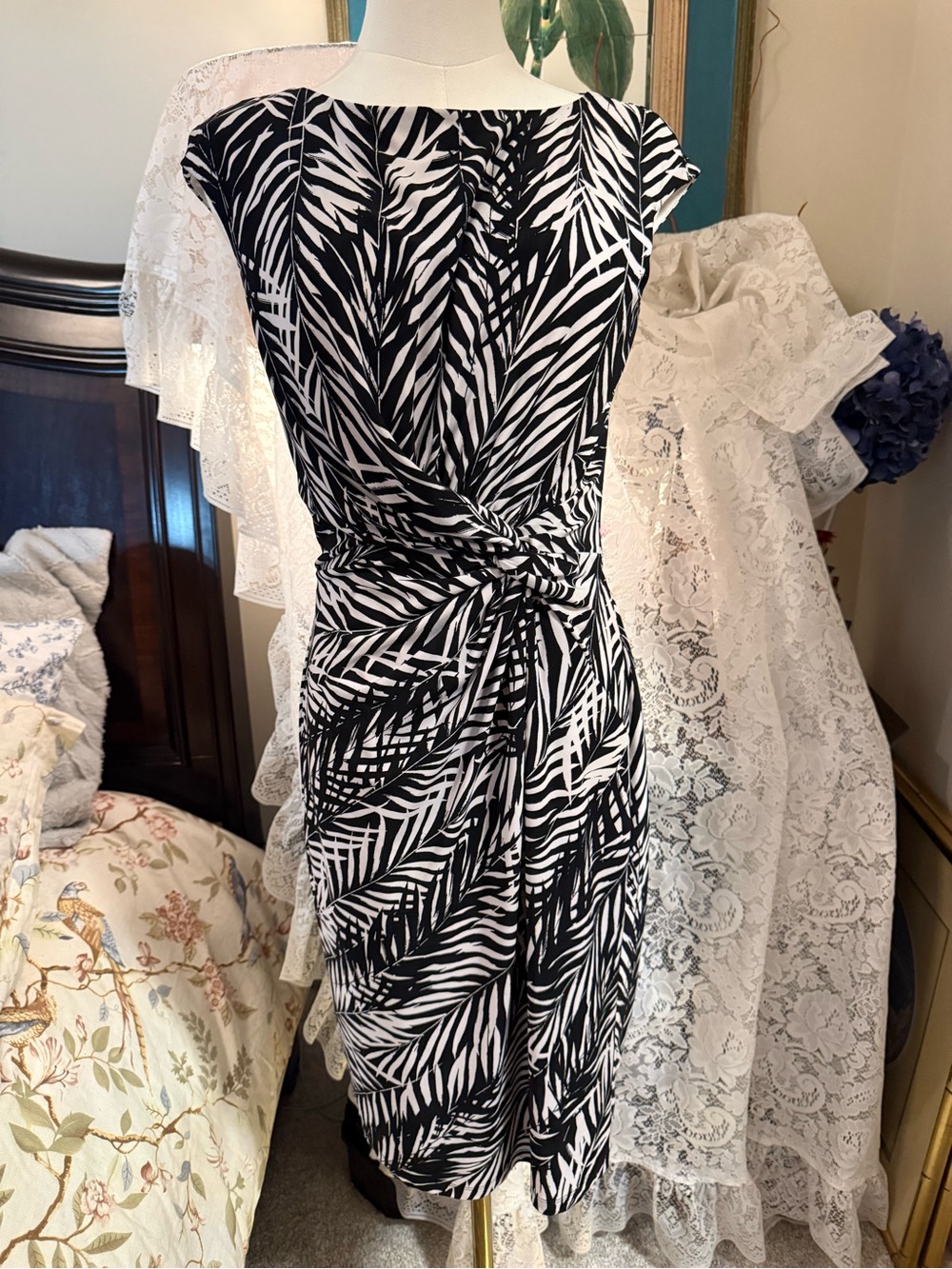 Lauren Ralph Lauren Black and White Palm-Print Twist-Waist Midi Dress